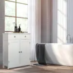White Freestanding Bathroom Floor Cabinet with 2 Doors 2 Drawers Adjustable Shelf Storage Organizer Tower - Image 11