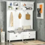 HOMCOM White Hall Tree with Storage Bench Entryway Coat Rack Accent Furniture with Shelves Cabinet Drawers for Hallway - Image 2