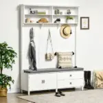HOMCOM White Hall Tree with Storage Bench Entryway Coat Rack Accent Furniture with Shelves Cabinet Drawers for Hallway - Image 10
