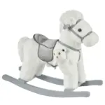 White Plush Rocking Horse with Bear Toy and Sound for Kids