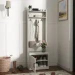 HOMCOM White Rustic Hall Tree Bench Entryway Coat Rack Shoe Storage Accent Furniture for Hallway Mudroom - Image 2