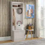 HOMCOM White Rustic Hall Tree Bench Entryway Coat Rack Shoe Storage Accent Furniture for Hallway Mudroom - Image 9