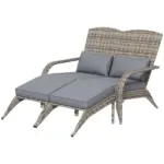 2 Person Wicker Adirondack Chair with Cushions and Footrests, Gray