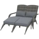 2 Person Wicker Adirondack Chair with Cushions and Footrests, Mixed Gray