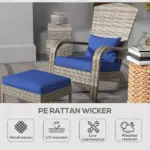 Wicker Adirondack Chair with Ottoman Comfortable Outdoor Seating with Removable Cushions, Blue - Image 4