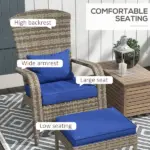 Wicker Adirondack Chair with Ottoman Comfortable Outdoor Seating with Removable Cushions, Blue - Image 5