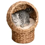 Wicker Elevated Cat Bed with Soft Cushion Brown Cat Egg Chair Shape Indoor - Image 11