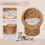 Wicker Elevated Cat Bed with Soft Cushion Brown Cat Egg Chair Shape Indoor - Image 4