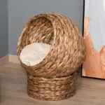 Wicker Elevated Cat Bed with Soft Cushion Brown Cat Egg Chair Shape Indoor - Image 10
