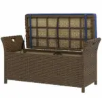Wicker Patio Storage Bench with Cushion Top, Dark Blue, Outdoor Seating and Storage Solution
