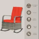 Wicker Rocking Chair Outdoor Recliner Chari with Soft Cushion, Adjustable Footrest, Max. 135 Degree Backrest, Red - Image 4