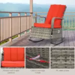 Wicker Rocking Chair Outdoor Recliner Chari with Soft Cushion, Adjustable Footrest, Max. 135 Degree Backrest, Red - Image 7