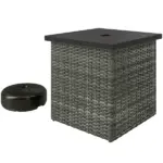 Wicker Side Table with 1.5" Umbrella Hole, Square Outdoor End Table with UV-Resistant Frame, Storage Space, Mixed-Gray