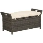 Outsunny Wicker Storage Bench Cream White Outdoor Patio PE Rattan Large Capacity