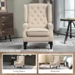 Wingback Accent Chair for Living Room, Button-Tufted Lounge Chair with Round Armrests and Wood Legs, Beige - Image 8