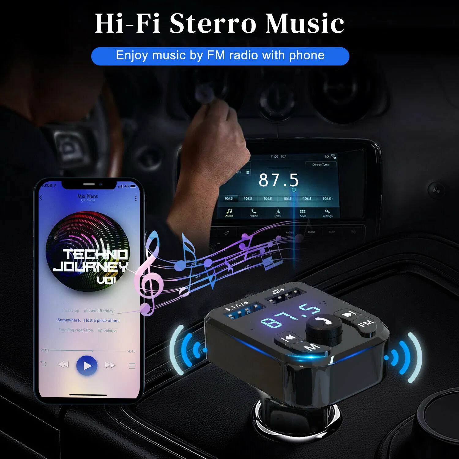Bluetooth 5.0 Car FM Transmitter with Dual USB Charger and Hands Free Calling