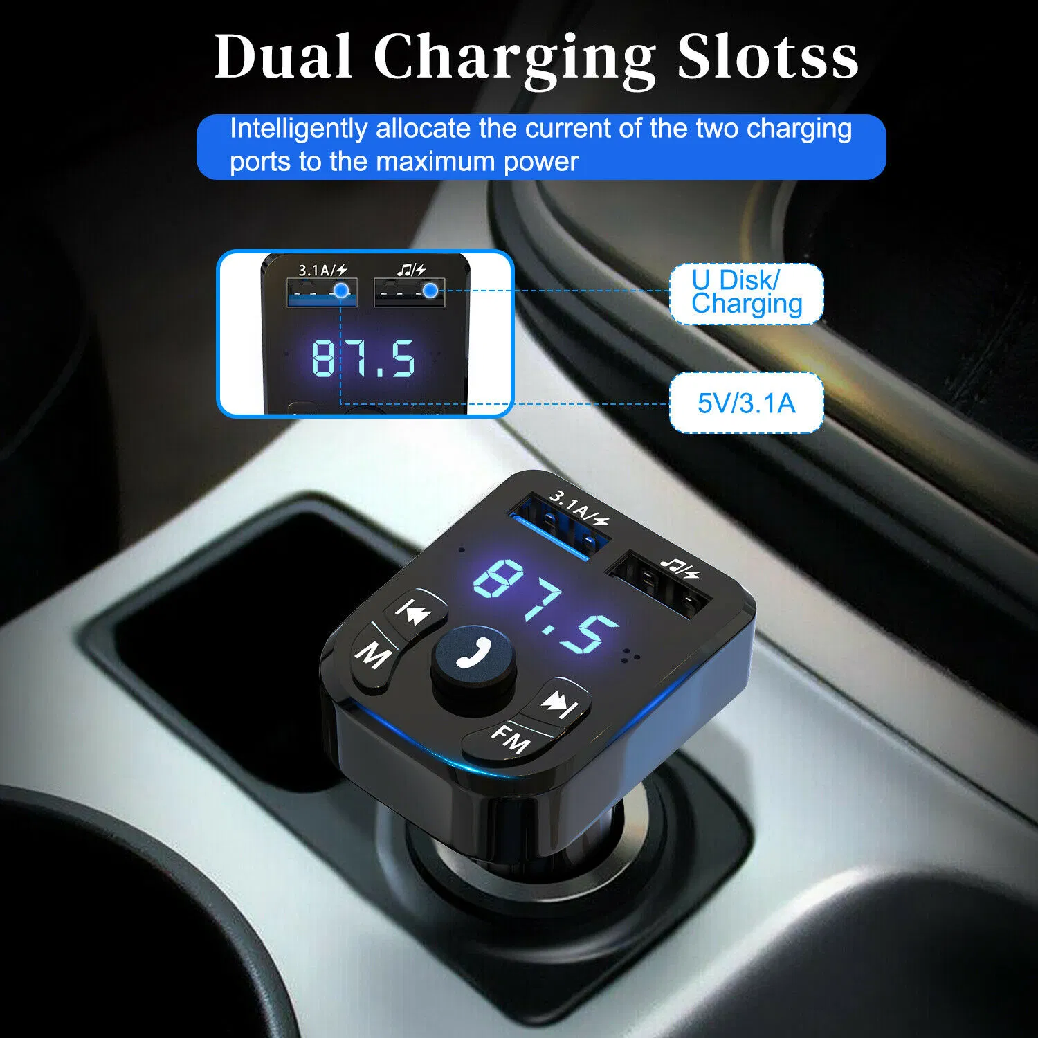 Bluetooth 5.0 Car FM Transmitter with Dual USB Charger and Hands Free Calling