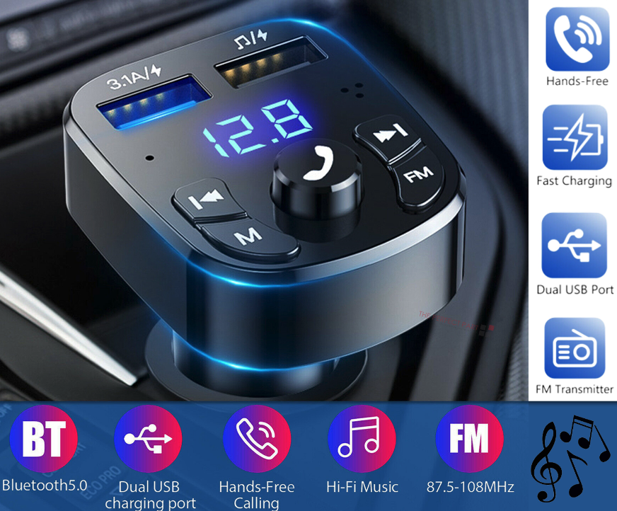 Bluetooth 5.0 Car FM Transmitter with Dual USB Charger and Hands Free Calling