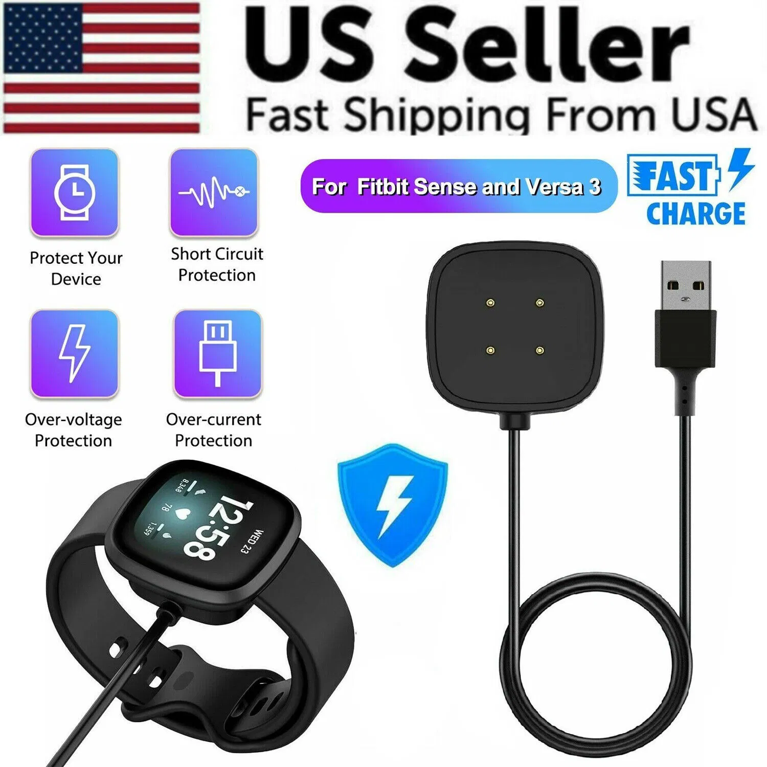 Replacement USB Charging Cable Compatible with Fitbit Sense and Versa 3