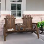 Outsunny Wood Adirondack Patio Chair Bench with Center Coffee Table, for Lounging and Relaxing Outdoors Carbonized - Image 2
