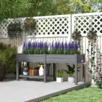 Outsunny Wood Raised Garden Box, Elevated Garden Bed with Side Table, Bottom Shelf, Bed Liners and Drainage Holes, Gray - Image 2