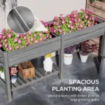 Outsunny Wood Raised Garden Box, Elevated Garden Bed with Side Table, Bottom Shelf, Bed Liners and Drainage Holes, Gray - Image 4