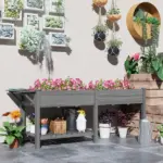 Outsunny Wood Raised Garden Box, Elevated Garden Bed with Side Table, Bottom Shelf, Bed Liners and Drainage Holes, Gray - Image 10