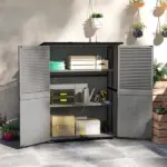 Outsunny Wood Storage Shed, Outdoor Garden Shed with Asphalt Roof, 2 Shelves, Lockable Doors and Adjustable Feet, Gray - Image 2