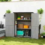 Wood Storage Shed, Outdoor Garden Shed with Asphalt Roof, 2 Shelves, Lockable Doors and Adjustable Feet, Gray - Image 10