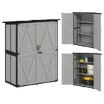 Wood Storage Shed, Outdoor Garden Shed with Asphalt Roof, 2 Shelves, Lockable Doors and Adjustable Feet, Gray - Image 11