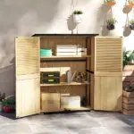 Outsunny Wood Garden Storage Shed with Asphalt Roof 2 Shelves and Shuttered Doors Natural - Image 2