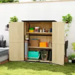 Outsunny Wood Garden Storage Shed with Asphalt Roof 2 Shelves and Double Doors Natural - Image 10
