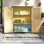 Outsunny Wood Garden Storage Shed with Asphalt Roof 2 Shelves and Shuttered Doors Natural - Image 6