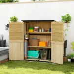 Outsunny Wood Garden Storage Shed with Asphalt Roof 2 Shelves and Shuttered Doors Natural - Image 10