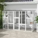 PawHut Wooden Catio Cat Window Box Enclosure, Outdoor Cat House with Roof and Play Shelves, 118 Inch x 37.5 Inch x 74 Inch, White - Image 2