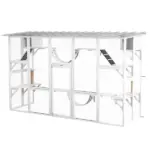 PawHut Wooden Catio Cat Window Box Enclosure, Outdoor Cat House with Roof and Play Shelves, 118 Inch x 37.5 Inch x 74 Inch, White - Image 11