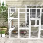 PawHut Wooden Catio Cat Window Box Enclosure, Outdoor Cat House with Roof and Play Shelves, 118 Inch x 37.5 Inch x 74 Inch, White - Image 8