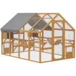 PawHut Wooden Catio Outdoor Cat Enclosure, Large Cat House with Waterproof Cover, 2 Condos, 6 Platforms, Bridge, Doors, Yellow - Image 11