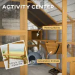 PawHut Wooden Catio Outdoor Cat Enclosure, Large Cat House with Waterproof Cover, 2 Condos, 6 Platforms, Bridge, Doors, Yellow - Image 5