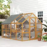 PawHut Wooden Catio Outdoor Cat Enclosure, Large Cat House with Waterproof Cover, 2 Condos, 6 Platforms, Bridge, Doors, Yellow - Image 10