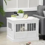 Wooden Dog Crate End Table, White, Triple Doors, Steel Tubes, for Small Dogs - Image 2