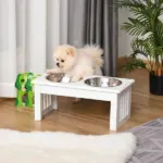 Wooden Dog Feeding Station with 2 Stainless Steel Bowls and Non-Slip Base White - Image 2