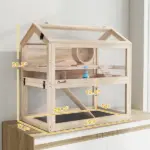 Wooden Hamster Cage, 3-Tier Small Animal Cage with Hut, Seesaw, Ramps, Exercise Wheel, Acrylic Panel and Bottom Tray - Image 2