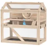 Wooden Hamster Cage, 3-Tier Small Animal Cage with Hut, Seesaw, Ramps, Exercise Wheel, Acrylic Panel and Bottom Tray