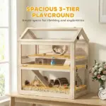 Wooden Hamster Cage, 3-Tier Small Animal Cage with Hut, Seesaw, Ramps, Exercise Wheel, Acrylic Panel and Bottom Tray - Image 3
