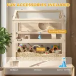 Wooden Hamster Cage, 3-Tier Small Animal Cage with Hut, Seesaw, Ramps, Exercise Wheel, Acrylic Panel and Bottom Tray - Image 5
