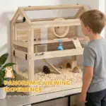 Wooden Hamster Cage, 3-Tier Small Animal Cage with Hut, Seesaw, Ramps, Exercise Wheel, Acrylic Panel and Bottom Tray - Image 6