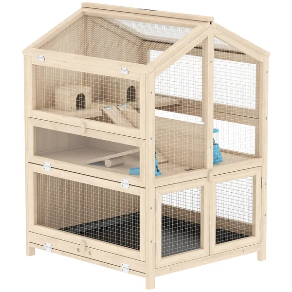 wooden-hamster-cage-large-3-tier-hamster-cage-w-pull-out-tray-openable-top-hut-seesaws-268l-x-242w-x-354h.webp PawHut Wooden Hamster Cage, Large 3 Tier Hamster Cage with Pull-Out Tray, Openable Top, Hut, Seesaws, 26.8"L x 24.2"W x 35.4"H - Image 1