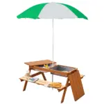 Wooden Kids Picnic Table with Sandbox, Adjustable Umbrella, and Removable Parasol, Outdoor Set for Garden and Patio