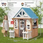 Wooden Kids Playhouse with Pet Door, Play Kitchen, Mailbox, Doorbell, Birdhouse, Fence and Windows for Pretend Play - Image 2